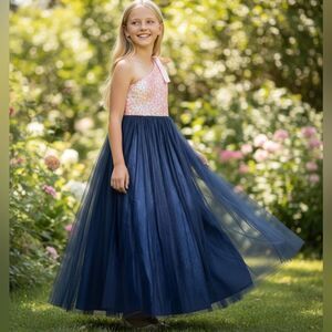 🌟 Youth (Big Girl) Poppies and Roses Elegant One Shoulder Sequin Tulle Gown